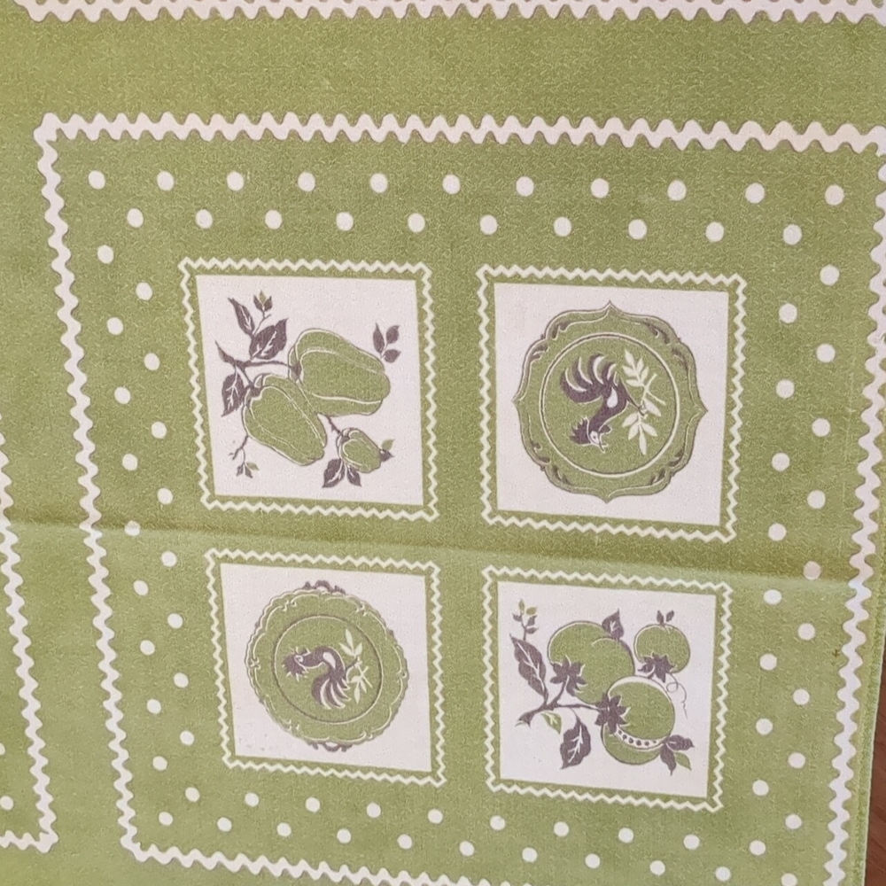 Tablecloth, green on white, 43x47 inches,. Kitchen or break room print.